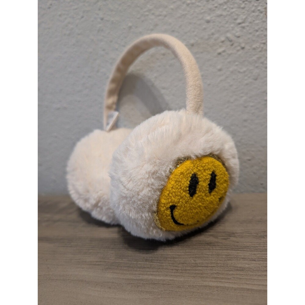 OMG Accessories Girls Smiley Face Earmuffs White Faux Fur Yellow One Size